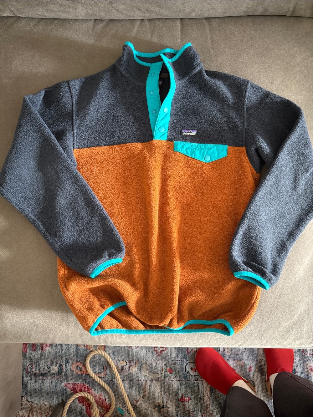 Patagonia Terracotta & Navy Synchilla Snap-T Fleece with Aqua Trim